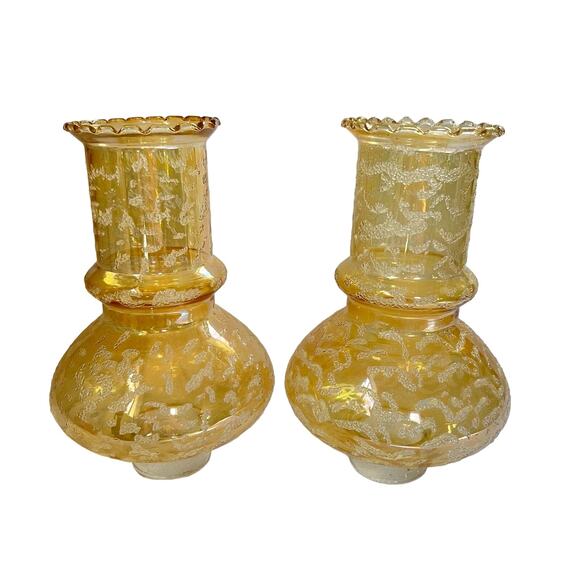 Vintage Amber Glass Made In Greece Hurricane Lamp Shades - Set of 2